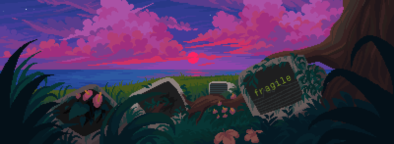 a pixel art landscape with old crt screens nestled in some grass against a red and pink sunset. One crt screen says the word 'fragile' on it.